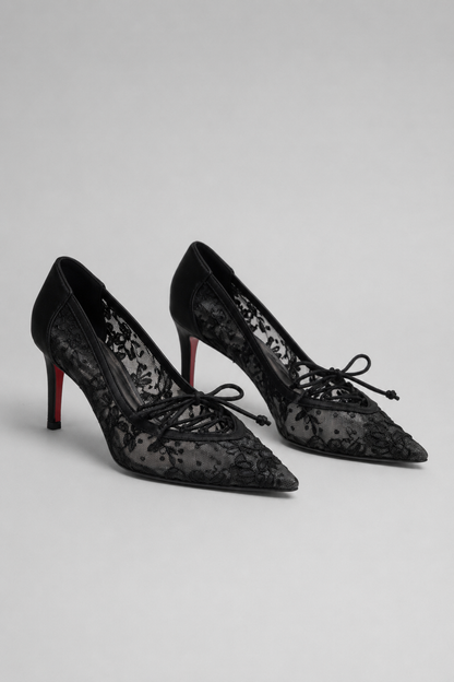 Sheer Lace Pointed Toe Pumps | Women | Bow Detail | Lace-Up Vamp | Black | Steven & Levon