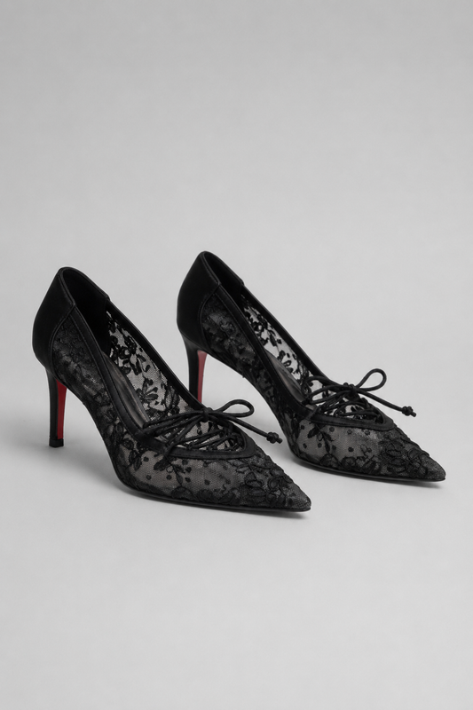 Sheer Lace Pointed Toe Pumps | Women | Bow Detail | Lace-Up Vamp | Black | Steven & Levon