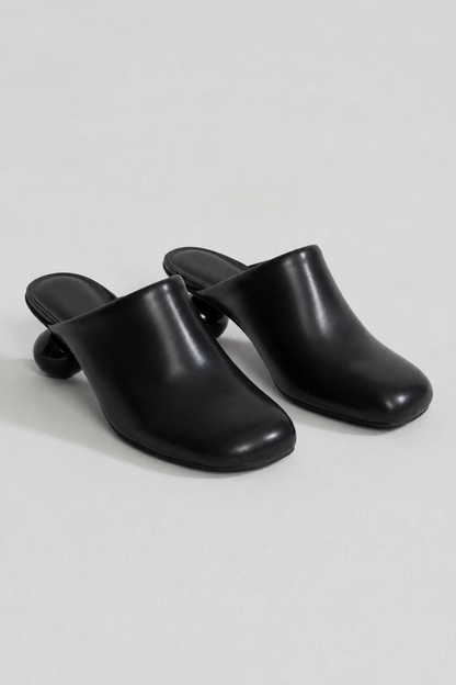 Sculptural Heel Mules | Women | Rounded Square Toe | Black | Modern Slip-On Shoes | Steven & Levon