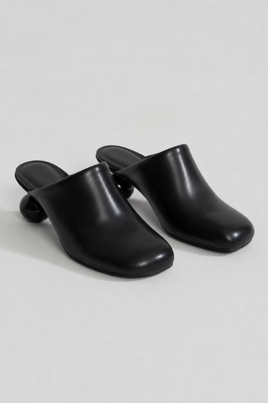 Sculptural Heel Mules | Women | Rounded Square Toe | Black | Modern Slip-On Shoes | Steven & Levon