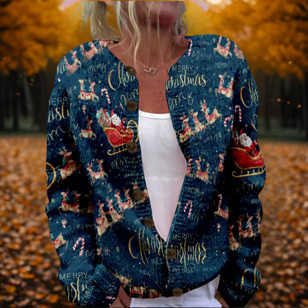 Santa Claus Knit Cardigan | Women | Christmas Print | Button Front | Festive Holiday Knit | Steven & Levon