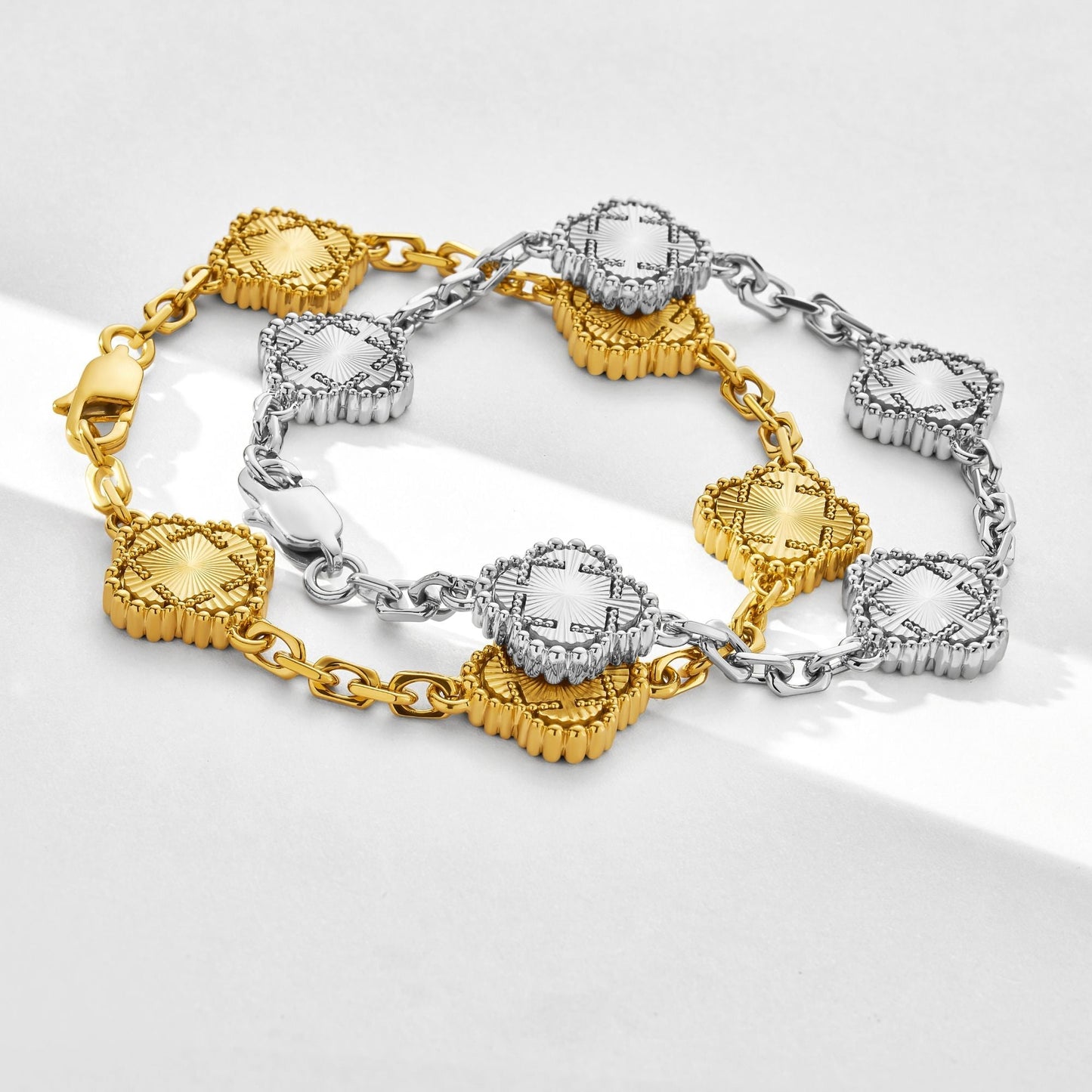 Clover Bracelet | Men | Stainless Steel | Silver & Gold | Four Leaf Design | Adjustable Fit | Steven & Levon