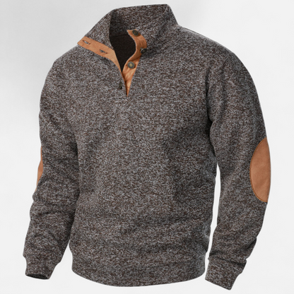 Men's Knitted Jumper | Stand Collar Half Button Pullover | Elbow Patch Sweater | Steven & Levon