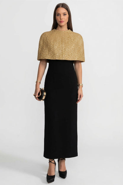 Textured Cape | Women's Metallic Woven Cape | Gold Shimmer Finish, Open Front Statement Outerwear | Steven & Levon