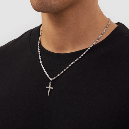 Silver Cross Necklace | Men | Stainless Steel | Religious Jewellery | Cuban Chain | Steven & Levon