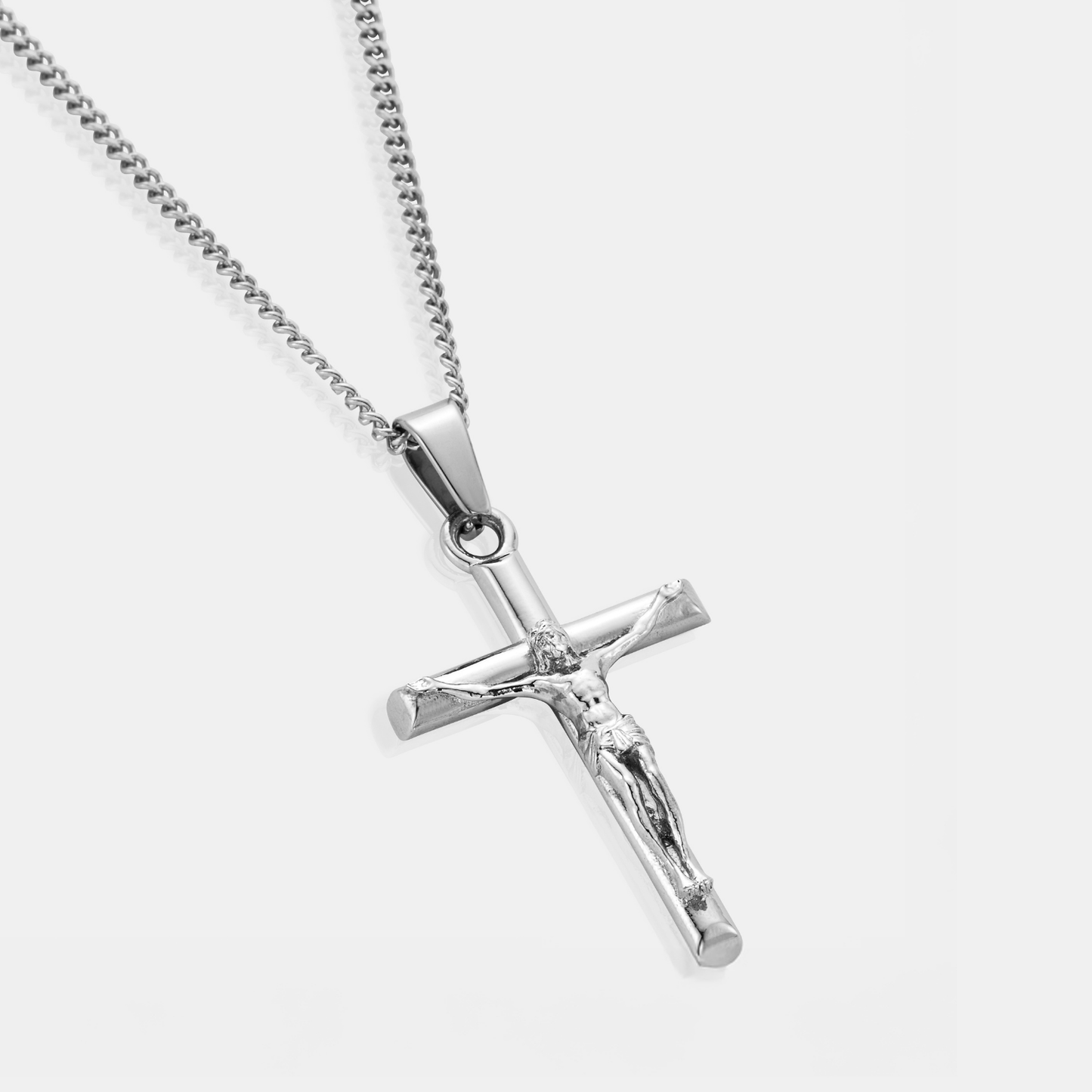 Silver Crucifix Pendant | Men | Stainless Steel | Cuban Chain | Water Resistant | Steven & Levon