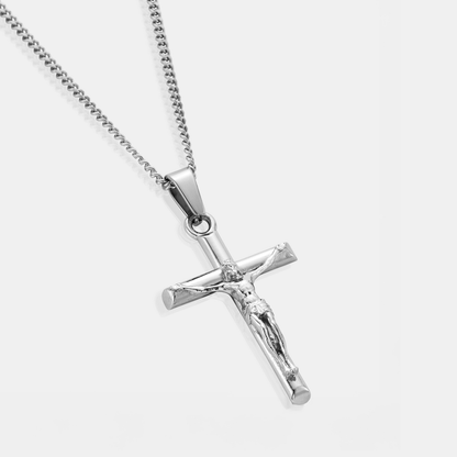 Silver Crucifix Pendant | Men | Stainless Steel | Cuban Chain | Water Resistant | Steven & Levon