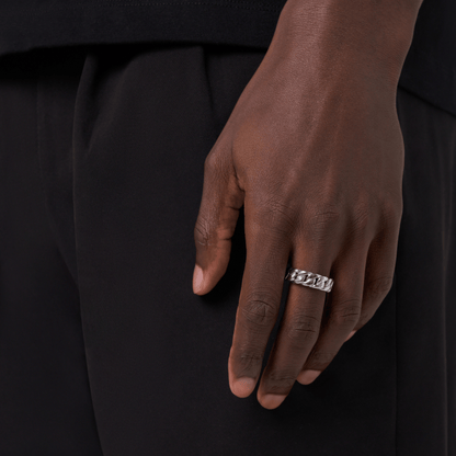 Half Iced Cuban Band Ring | Silver | Unisex | Stainless Steel | 8mm | Cubic Zirconia | Steven & Levon
