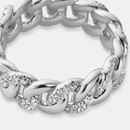 Half Iced Cuban Band Ring | Silver | Unisex | Stainless Steel | 8mm | Cubic Zirconia | Steven & Levon