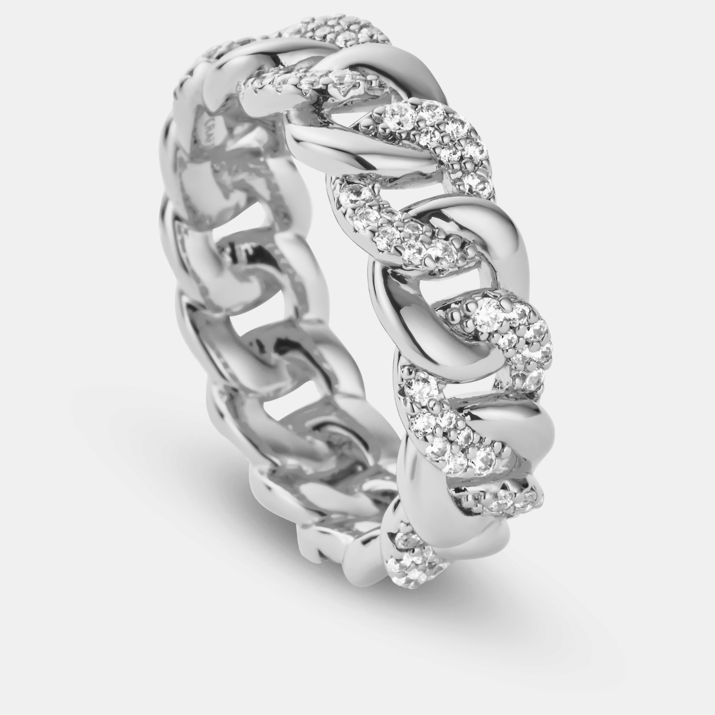 Half Iced Cuban Band Ring | Silver | Unisex | Stainless Steel | 8mm | Cubic Zirconia | Steven & Levon