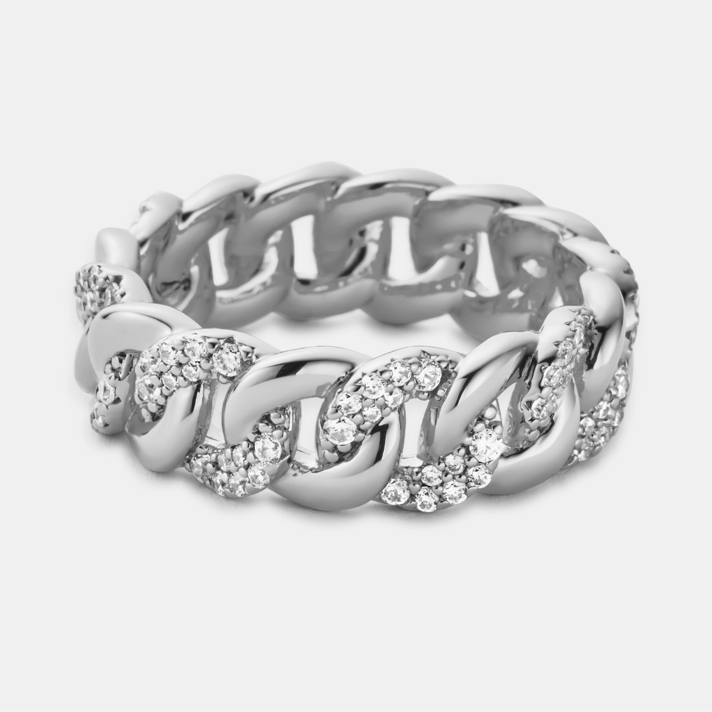 Half Iced Cuban Band Ring | Silver | Unisex | Stainless Steel | 8mm | Cubic Zirconia | Steven & Levon