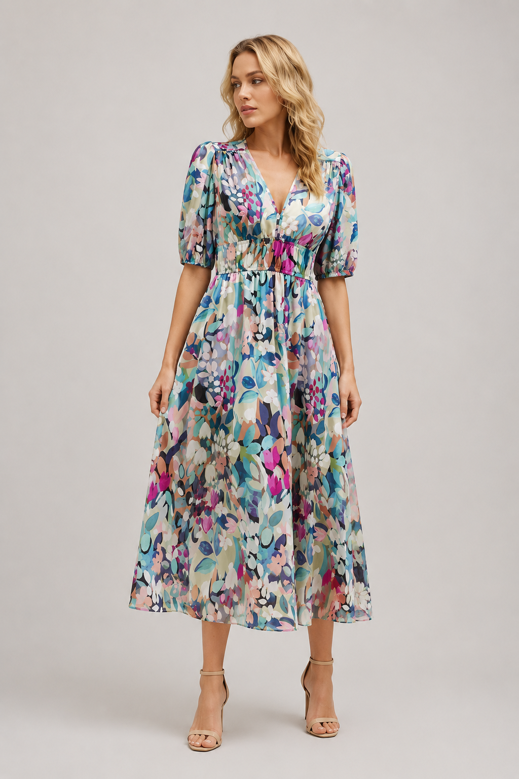 Floral Puff Sleeve Midi Dress | Women’s A-Line Occasion Dress | Steven & Levon