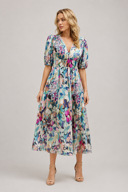 Floral Puff Sleeve Midi Dress | Women’s A-Line Occasion Dress | Steven & Levon