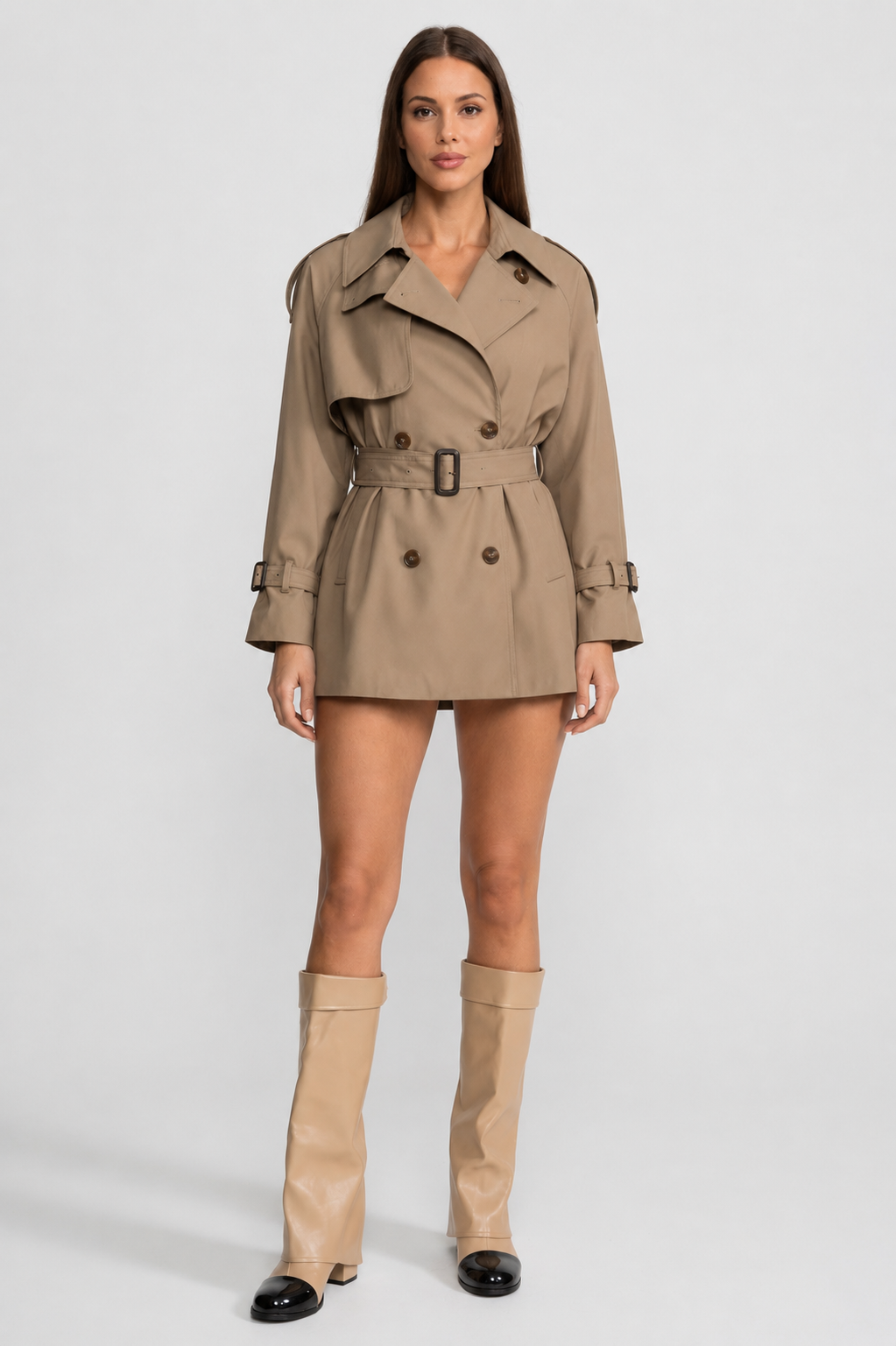 Women's Double Breasted Trench Coat | Khaki | Belted Waist | Classic Long Coat | Steven & Levon
