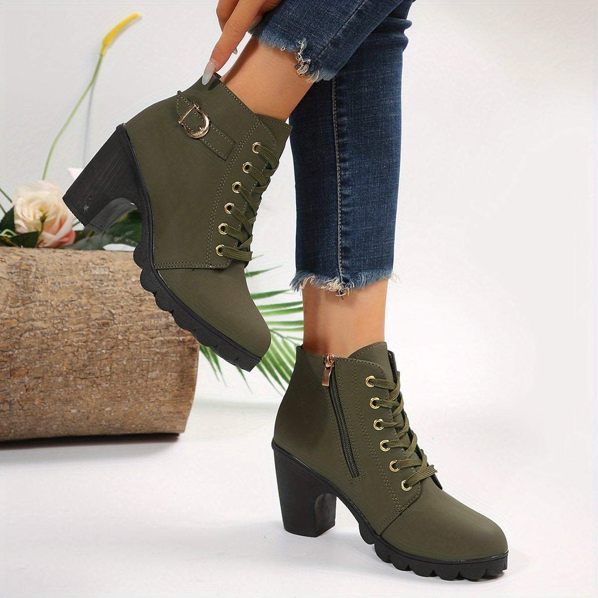Block Heel Lace-Up Ankle Boots for Women | Side Zip | Combat Style | Steven & Levon