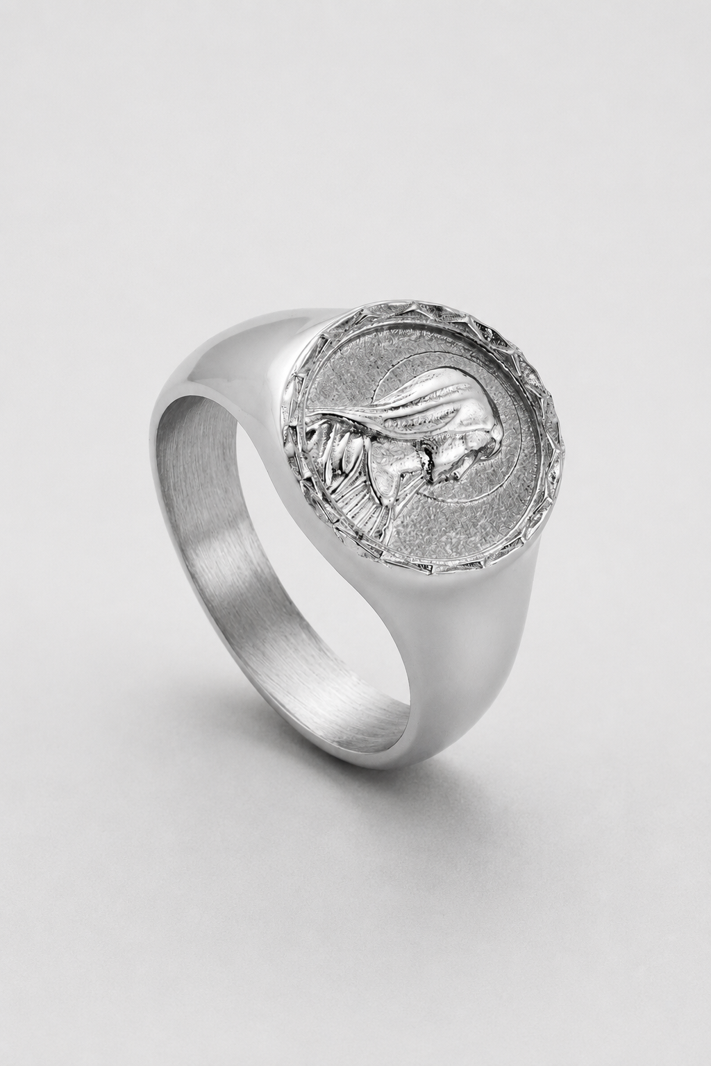 Virgin Mary Signet Ring | Gold or Silver | Unisex | Stainless Steel | Religious Design | Blue Enamel | Steven & Levon