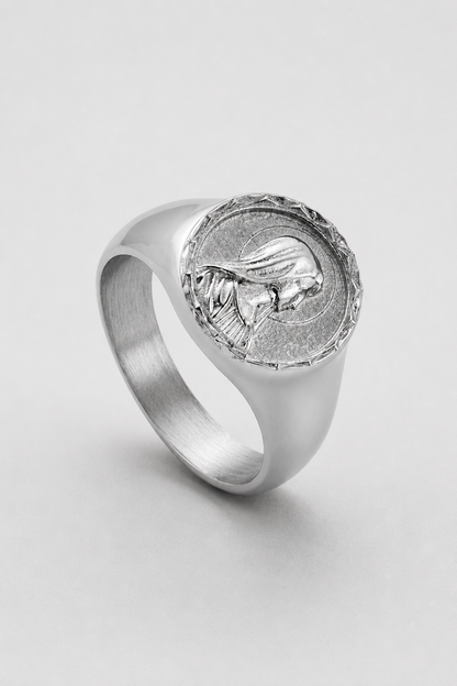 Virgin Mary Signet Ring | Gold or Silver | Unisex | Stainless Steel | Religious Design | Blue Enamel | Steven & Levon