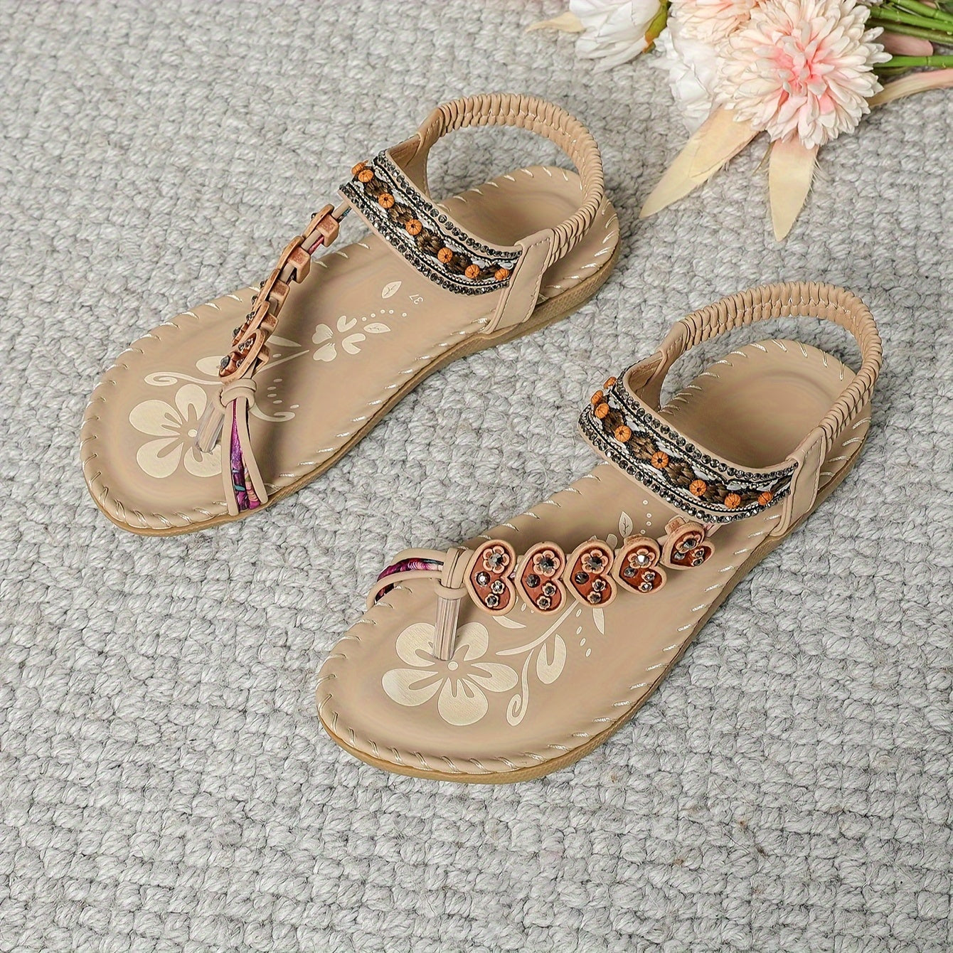 Elegant Beaded Toe Post Sandals | Women | Adjustable Ankle Strap | Beaded T-Bar Buckle Design | Summer Holiday Sandals | Steven & Levon