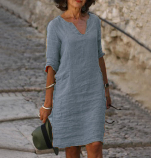 Aarnelle | Linen V Neck Dress | Women | Relaxed Fit | Lightweight Summer | Steven & Levon