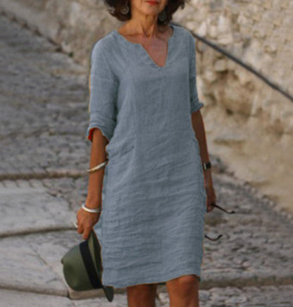 Aarnelle | Linen V Neck Dress | Women | Relaxed Fit | Lightweight Summer | Steven & Levon