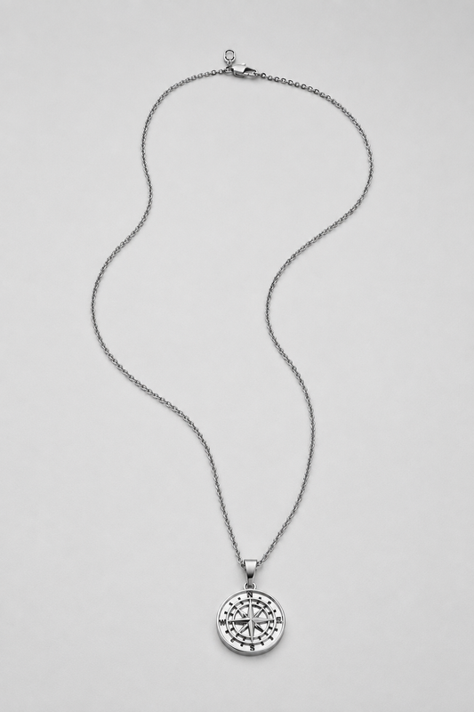 Silver Compass Pendant | Men | Stainless Steel | Nautical Design | Statement Necklace | Steven & Levon