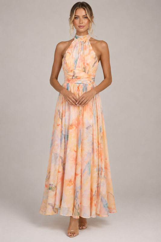 Women's Halter Watercolour Maxi Dress | Women’s Summer Maxi Dress | Flowy Watercolour  Print | Steven & Levon