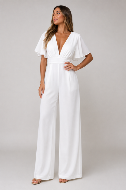 Women's Ruffle Sleeve Jumpsuit | Wide Leg | Elegant Relaxed Fit | Steven & Levon