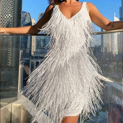 Party Mini Dress | Women’s Fringe Detail V Neck Mini Dress | Party Evening Wear | Steven & Levon
