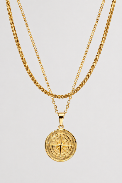 Gold Compass Pendant Pack | Men | Stainless Steel | Compass Design | Necklace Set | Steven & Levon
