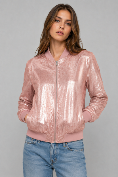 Shiny Bomber Jacket | Women | Zip Front | Lightweight Outerwear | Steven & Levon
