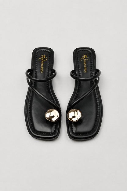 Women's Strappy Slide Sandals | Slip-On Flat Sandals | Faux Leather | Gold Accent Comfort Summer Slides | Steven & Levon