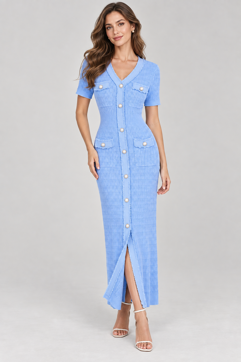 Women's Knitted Maxi Dress | V-Neck | Short Sleeve | Button Front | Blue | Elegant Style | Steven & Levon
