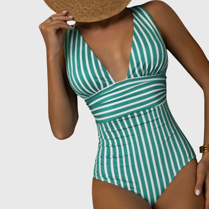 Striped One-Piece Swimsuit | Women | Nylon & Spandex Blend | V-Neck Stretch Fit Swimwear | Steven & Levon