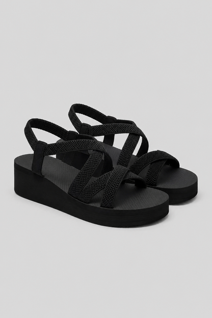 Women's Platform Wedge Sandals | Elastic Cross Strap | Lightweight EVA Sole | Ruffle Open Toe |Steven & Levon