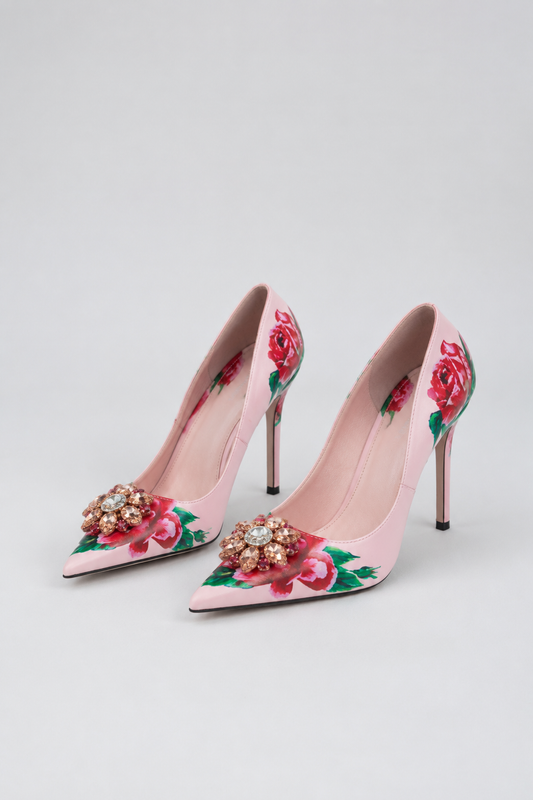 Rose Print Pointed Toe Pumps | Women | Crystal Brooch | Pink | Elegant Dress Shoes | Steven & Levon