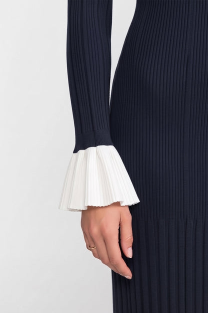 Long Sleeve Knit Maxi Dress | Women | Button Front | Pleated | Contrast Cuffs | Navy | Steven & Levon