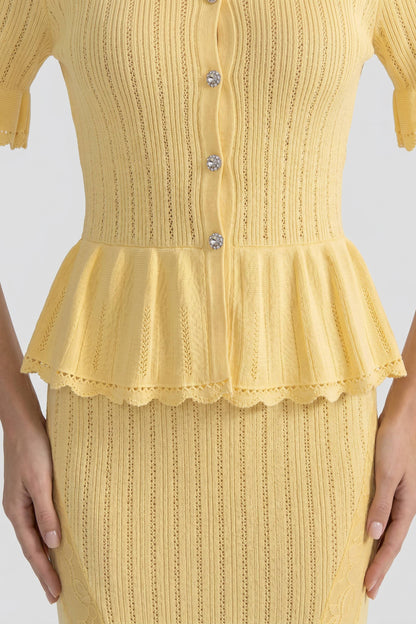Peter Pan Collar Knit Maxi Dress | Women's Peplum Knit Dress | Lace Hem | Yellow | Steven & Levon