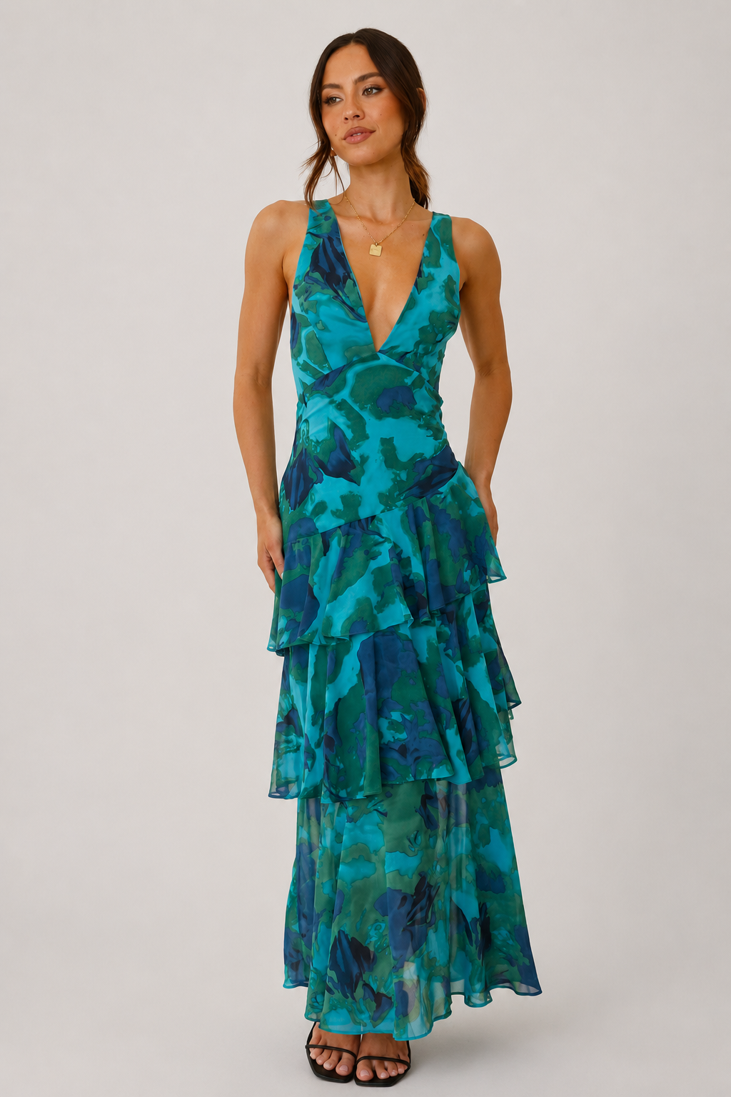Elegant V-Neck Tiered Maxi Dress | Women | Lightweight Fabric | Occasion Wear | Steven & Levon