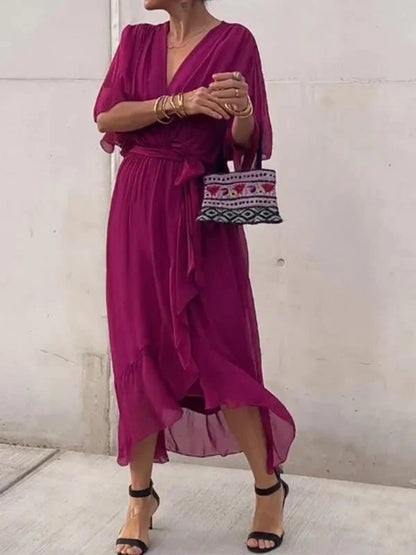 Elegant Wrap Tie Waist Midi Dress | Women | Wrap Front V-Neck | Waist Defining Fit | Wedding Guest & Evening Dress | Steven & Levon