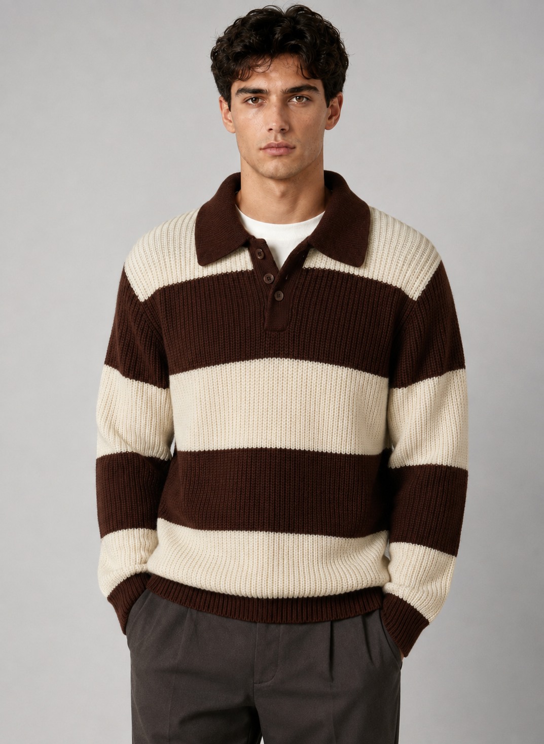 Men's Striped Knit Polo Sweater | Button Collar | Long Sleeve | Soft Knit | Smart Casual | Steven & Levon