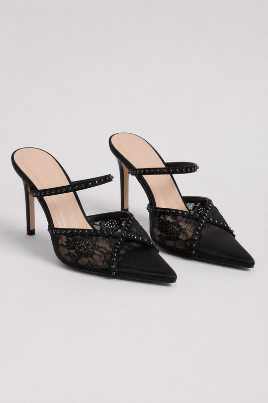 Crystal Strap Lace Pointed Toe Mules | Women | Rhinestone Detail | Black | Steven & Levon