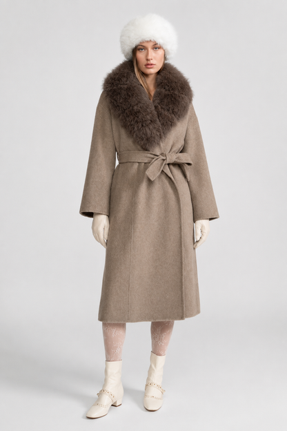 Women's Wool Wrap Coat | Fox Fur Collar | Tie Belt | Khaki Winter Coat | Luxury | Steven & Levon