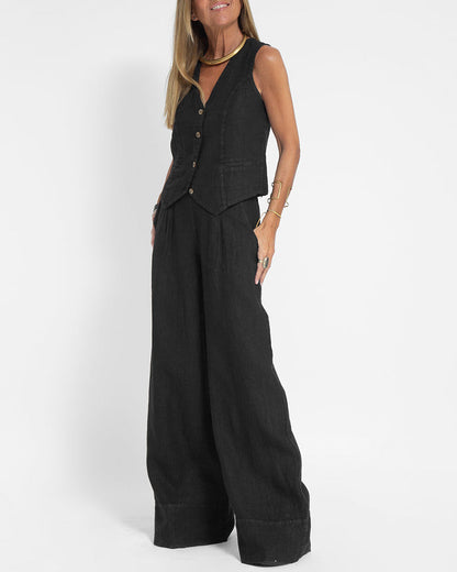 Linen 2-Piece Set | Women | Linen | Wide-Leg Trousers | Button Vest | Steven & Levon