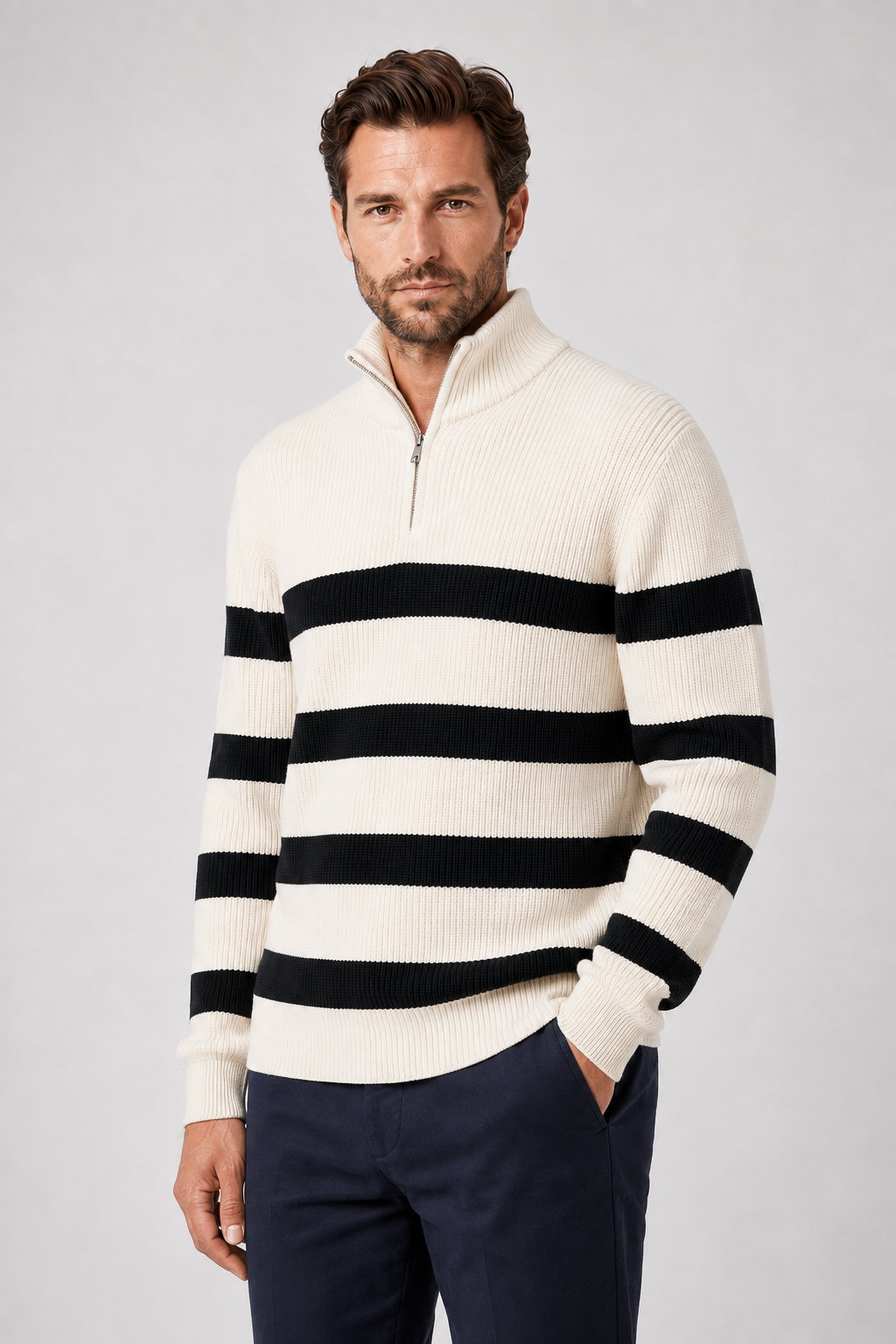 Men's Striped Half Zip Sweater | Ribbed Knit | Mock Neck | Long Sleeve | Soft Knit | Steven & Levon