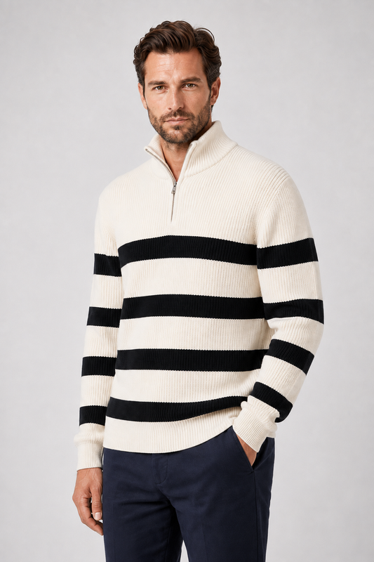 Men's Striped Half Zip Sweater | Ribbed Knit | Mock Neck | Long Sleeve | Soft Knit | Steven & Levon