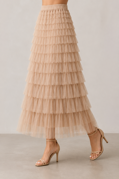 Tulle Maxi Skirt | Women | Layered Tulle | Elastic Waistband | Flowy A-Line Skirt | Steven & Levon