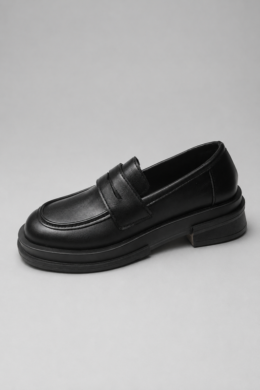 Women's Penny Loafers | Platform Sole | Slip-On | Black Leather Look | Casual Shoes | Steven & Levon
