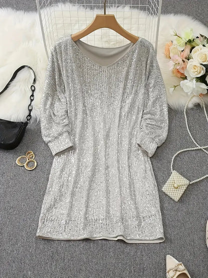 Sequin Mini Dress | Women | Long Sleeve Relaxed Fit | Sparkly Party Cocktail Dress | Steven & Levon