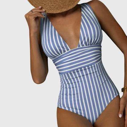 Striped One-Piece Swimsuit | Women | Nylon & Spandex Blend | V-Neck Stretch Fit Swimwear | Steven & Levon