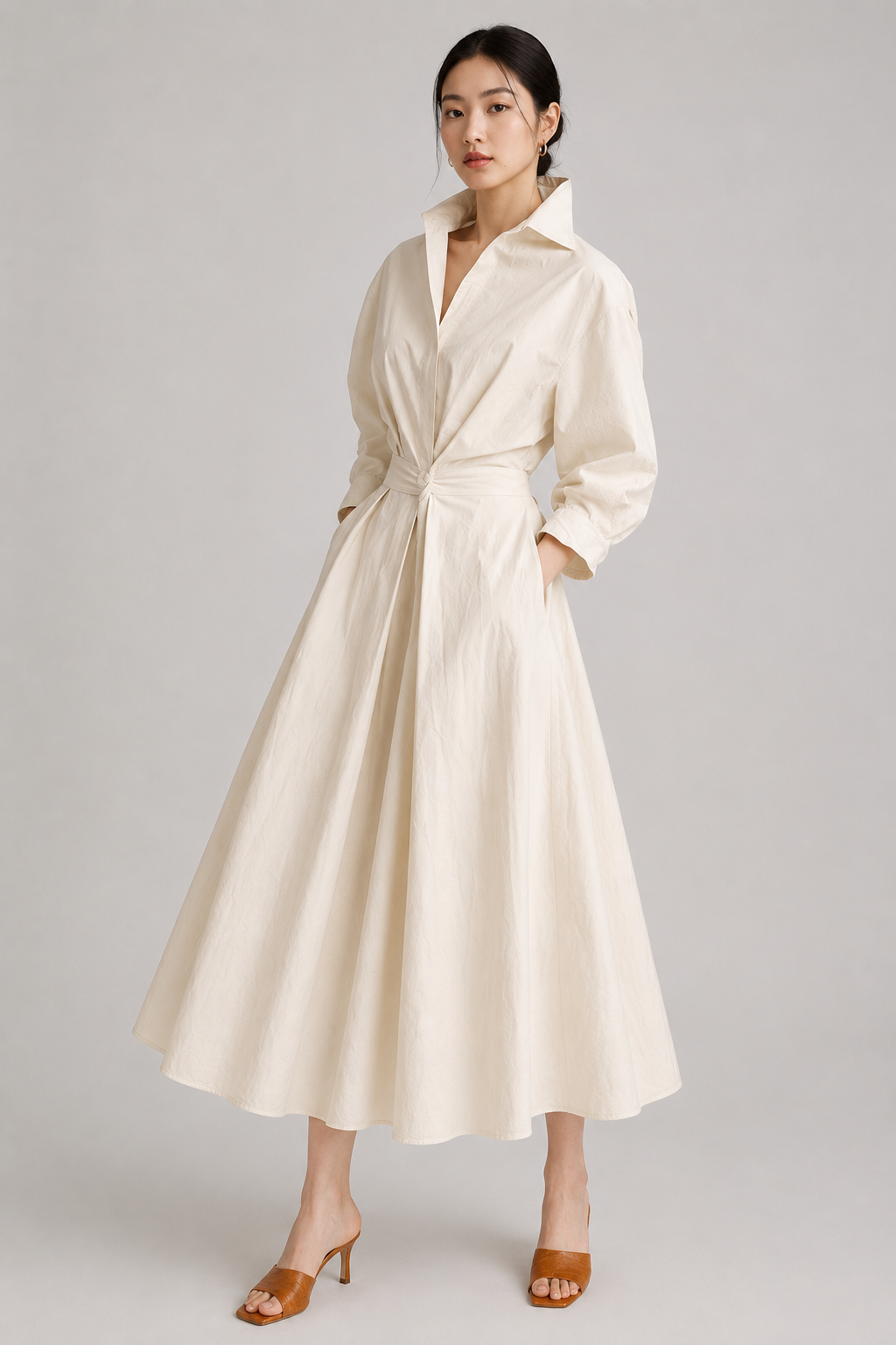 Women's Collared Belted Shirt Dress | Elegant Midi Dress | Steven & Levon